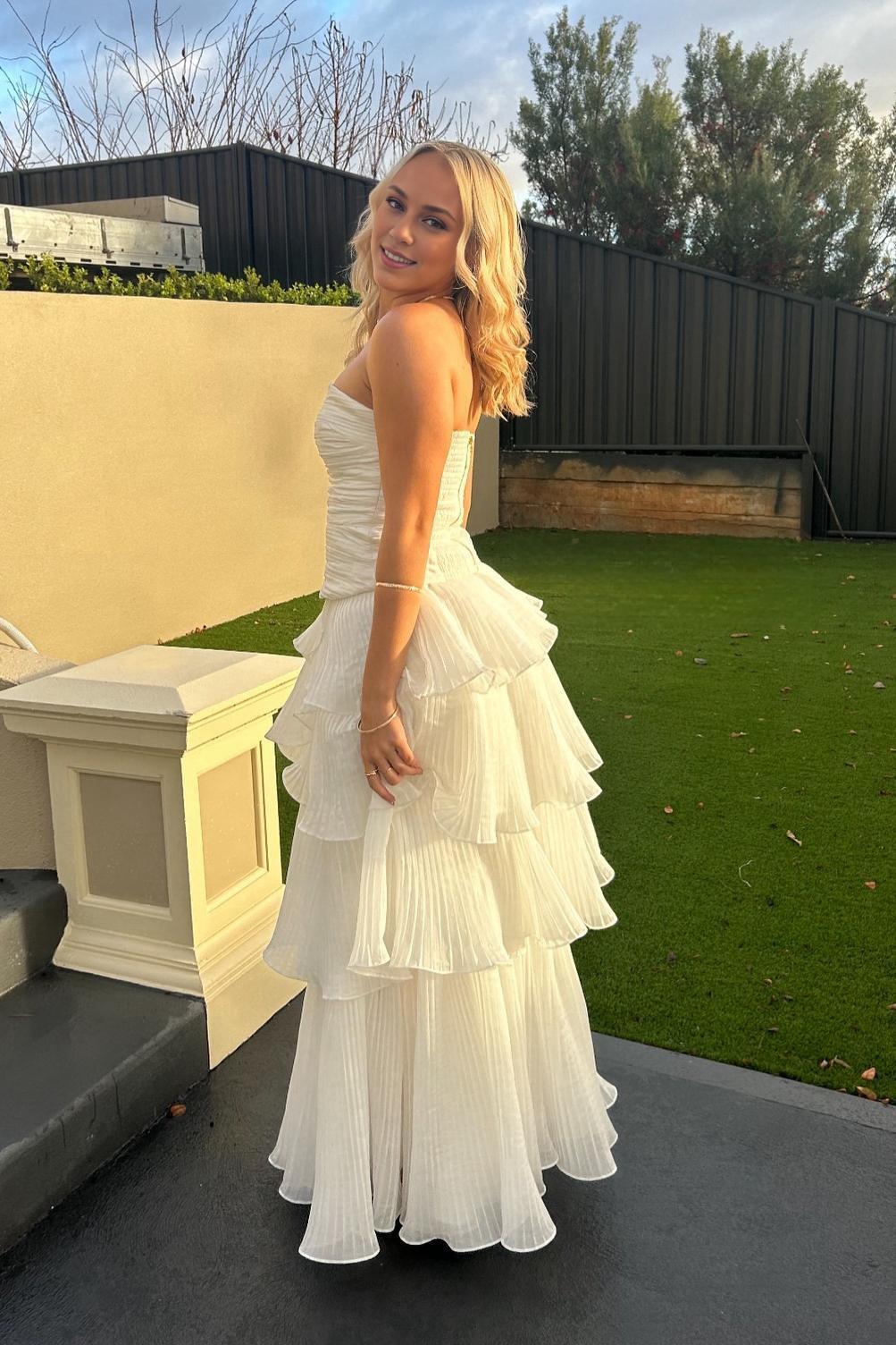 Robe Weitese trapèze bustier blanche froncée plissée à volants, robe de soirée à volants, robe de bal à plusieurs niveaux